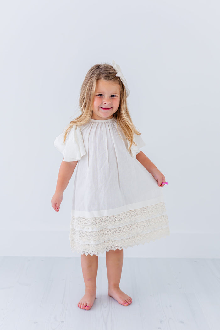 Off-White Solid Color Sleeve & Neck Gathered Dress dress & diaper cover Yo Baby India