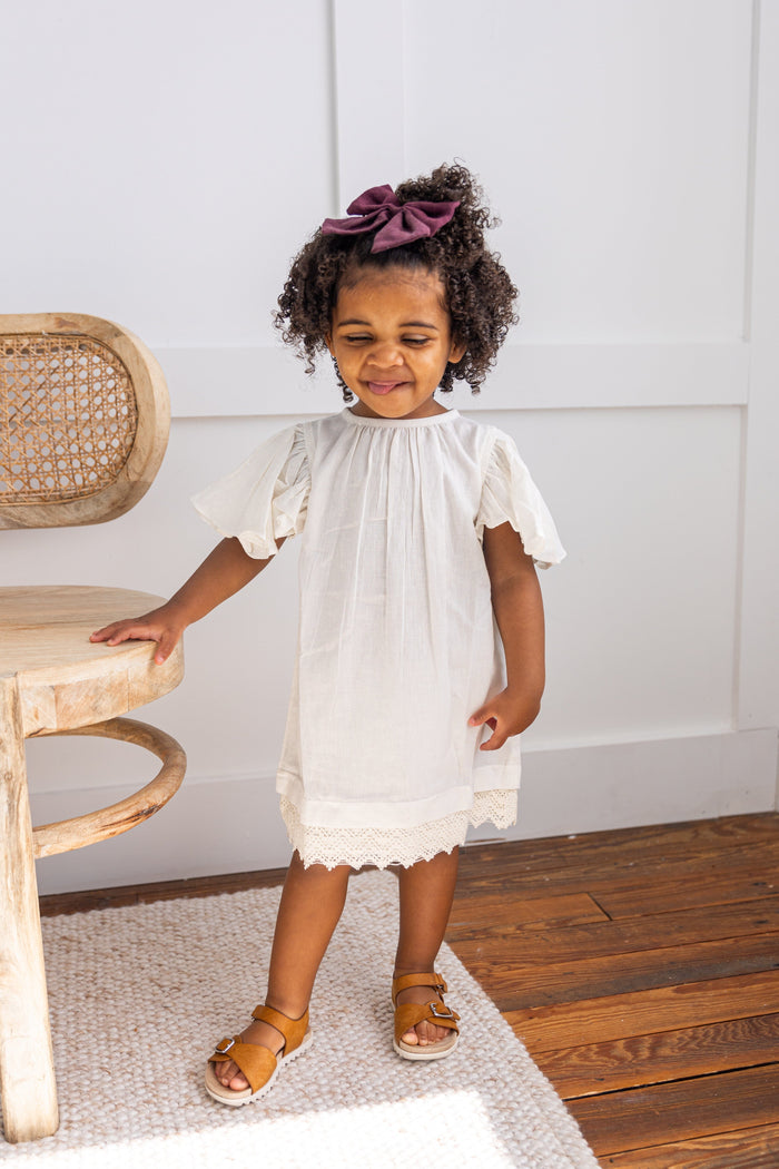 Off-White Solid Color Sleeve & Neck Gathered Dress dress & diaper cover Yo Baby India