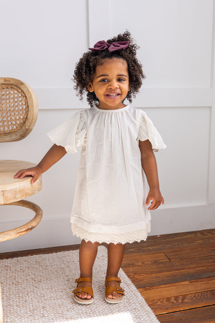 Off-White Solid Color Sleeve & Neck Gathered Dress dress & diaper cover Yo Baby India