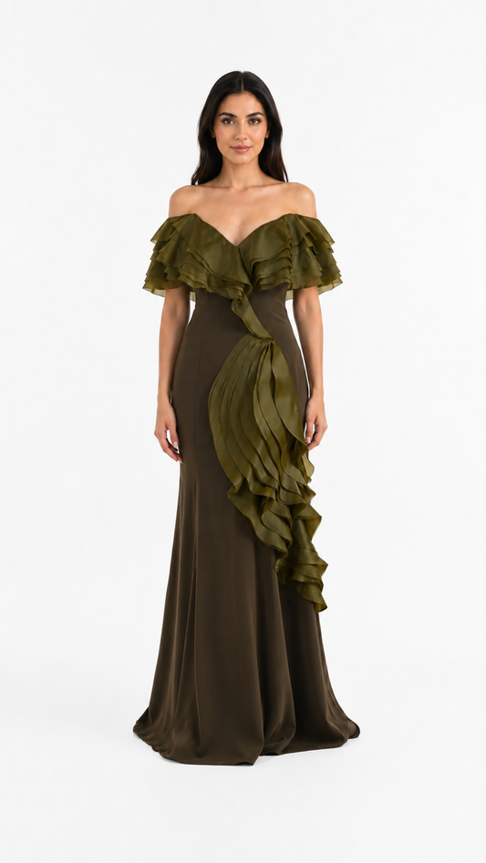 Olive Green Ruffle Draped Evening Gown – AMARIS