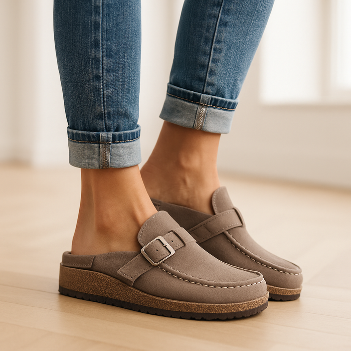 Olivia - Casual Women's Clogs with Cork Sole and Buckle Detail