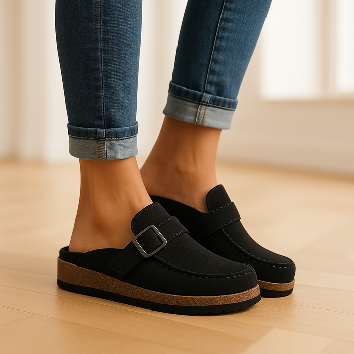 Olivia - Casual Women's Clogs with Cork Sole and Buckle Detail