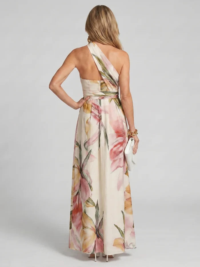 Olivia - Elegant Women's Wedding Guest Dress with Halter Neck and Floral Maxi Skirt