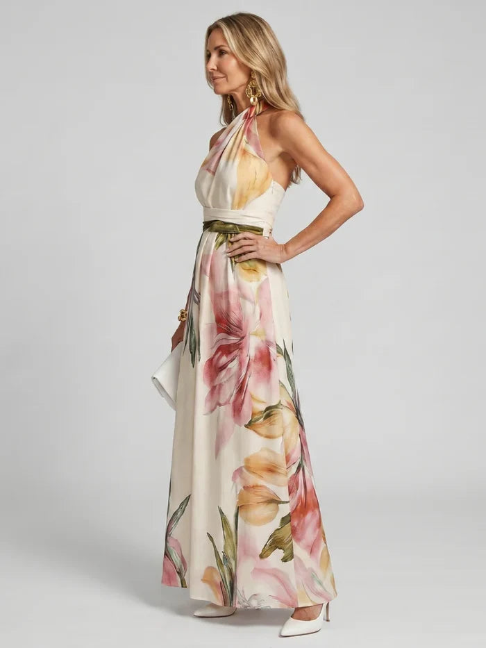 Olivia - Elegant Women's Wedding Guest Dress with Halter Neck and Floral Maxi Skirt