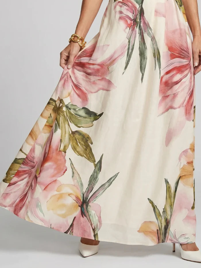 Olivia - Elegant Women's Wedding Guest Dress with Halter Neck and Floral Maxi Skirt