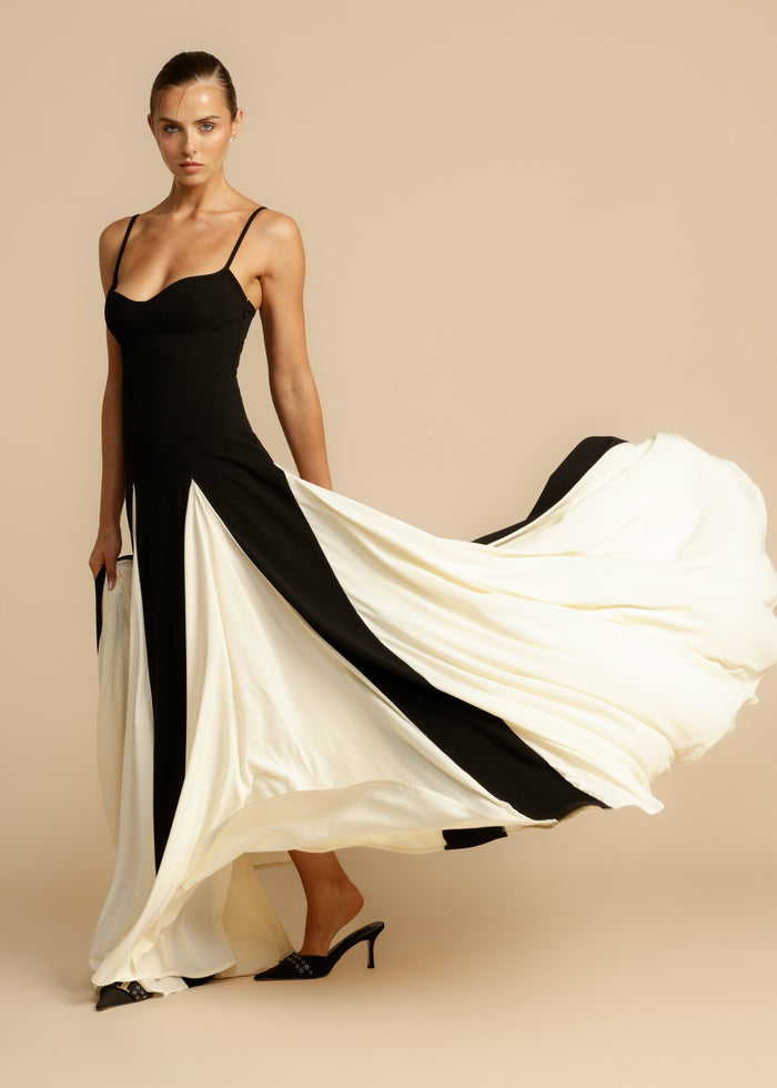 Olivia - Elegant Women's Wedding Guest Dress with Sweetheart Neck and Colorblock Maxi Skirt