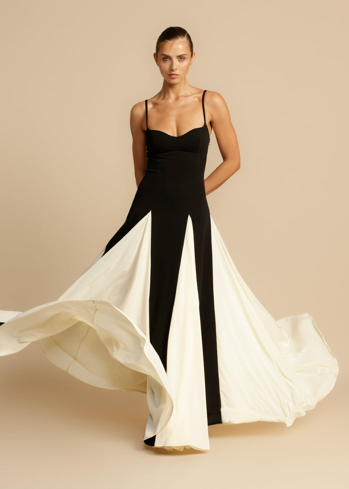 Olivia - Elegant Women's Wedding Guest Dress with Sweetheart Neck and Colorblock Maxi Skirt