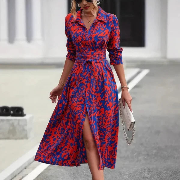 Olivia - Trendy Women's Maxi Dress with Shirt Collar and Tie Waist