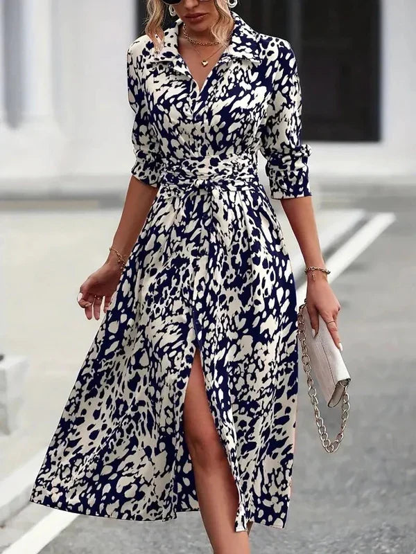 Olivia - Trendy Women's Maxi Dress with Shirt Collar and Tie Waist