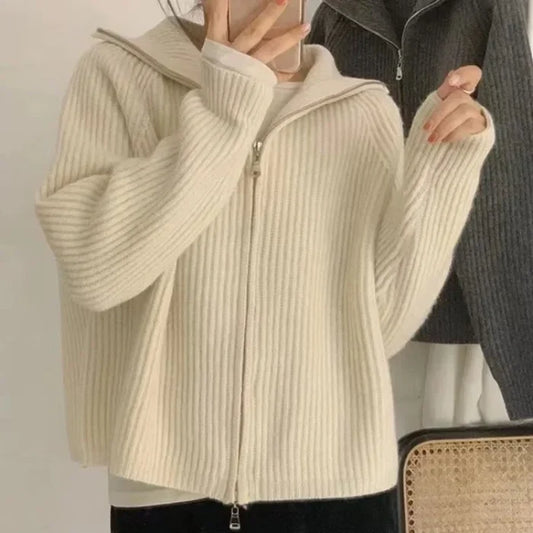 Olivia - Women's Wool Style Cardigan Sweater with Zip Front for Fall