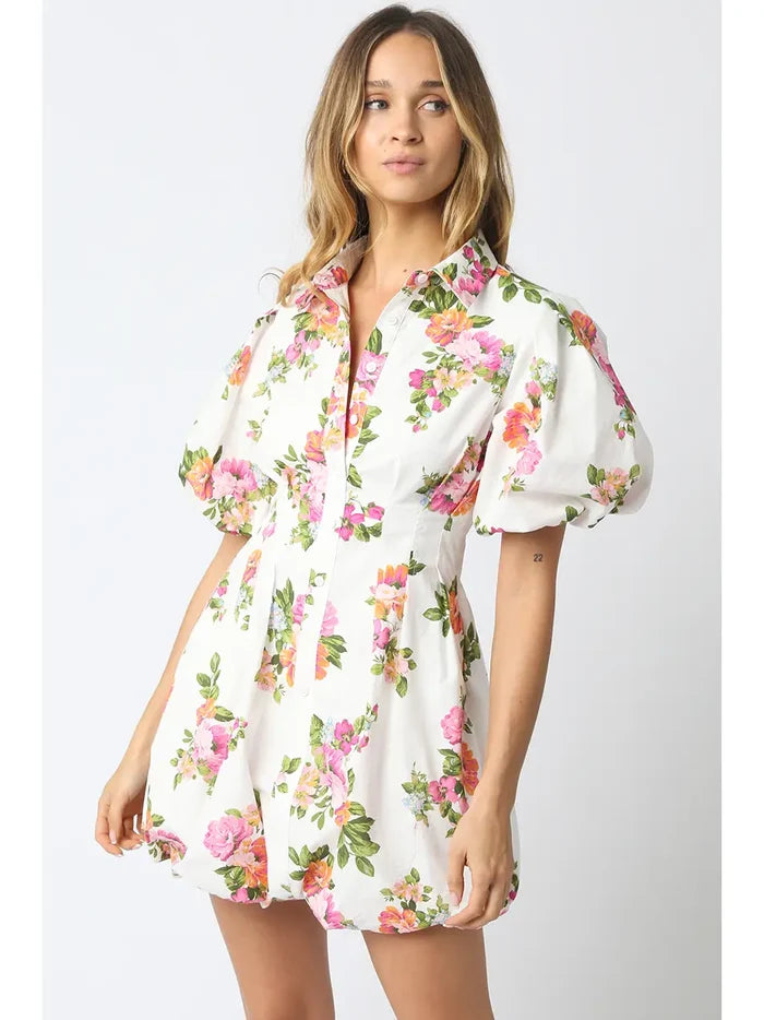 Olivia Floral Puff Sleeve Mini - Greige Goods