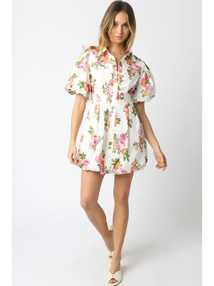 Olivia Floral Puff Sleeve Mini - Greige Goods