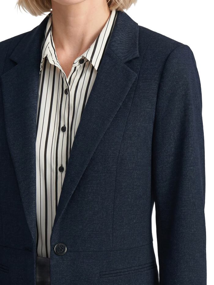 One Button Blazer, Compression Denim, Mid Blue | Kasper