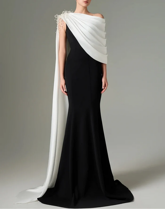 One-shoulder black gown with draped white cape – ZELEXE