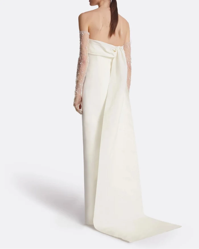 One-shoulder column gown with oversized bow - IVORY