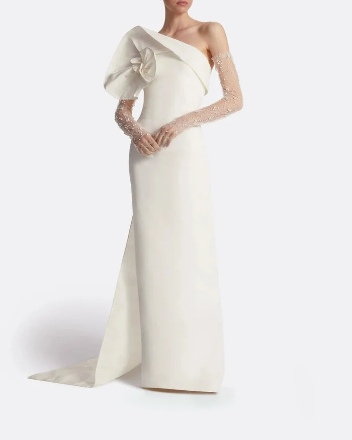 One-shoulder column gown with oversized bow - IVORY