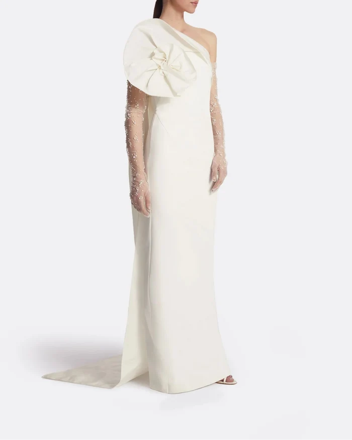 One-shoulder column gown with oversized bow - IVORY