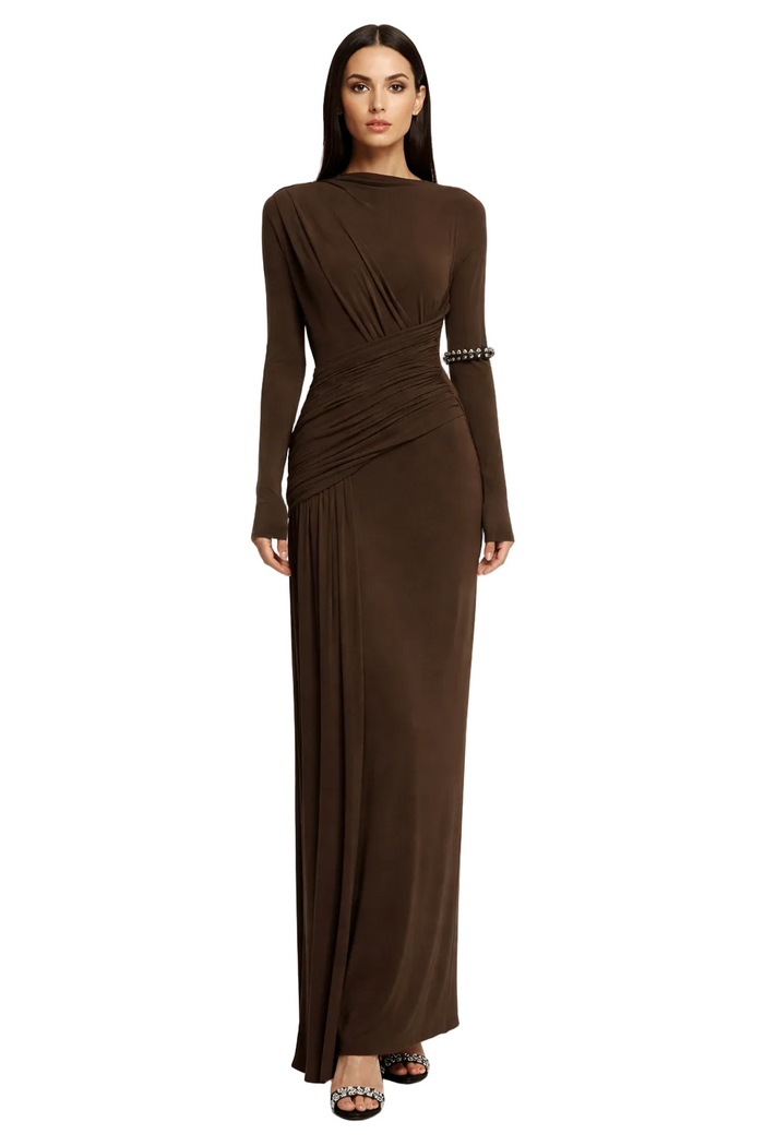 One-shoulder draped maxi dress with pleated panel – RUBY