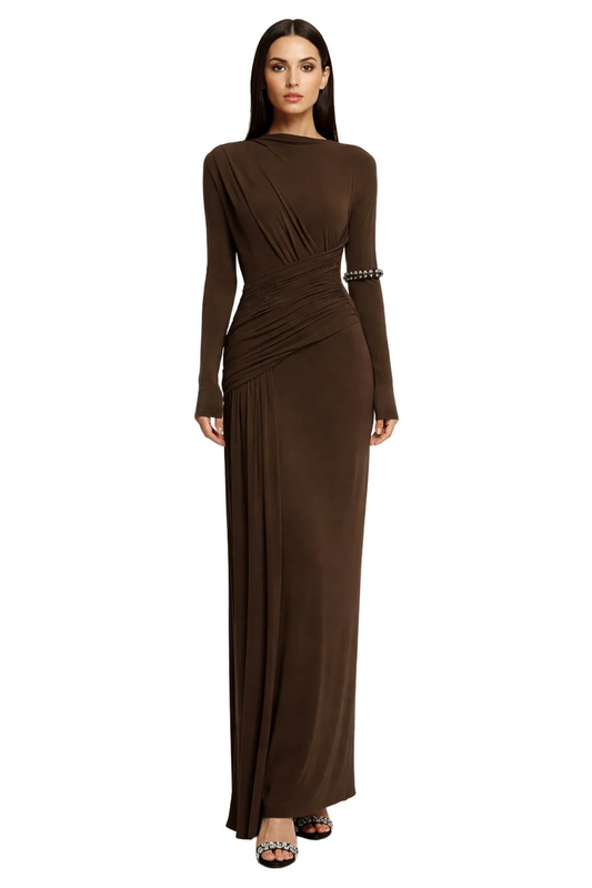 One-shoulder draped maxi dress with pleated panel – RUBY