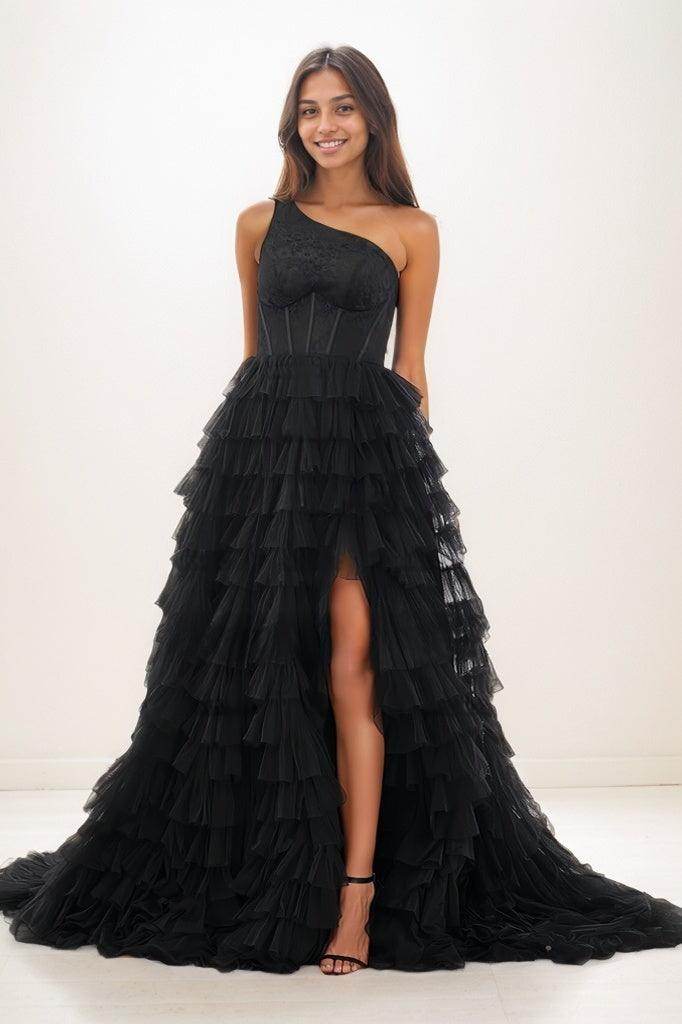 One-Shoulder Tulle Tiered Skirt High Split Prom Dresses CS0790 - COCOMELODY