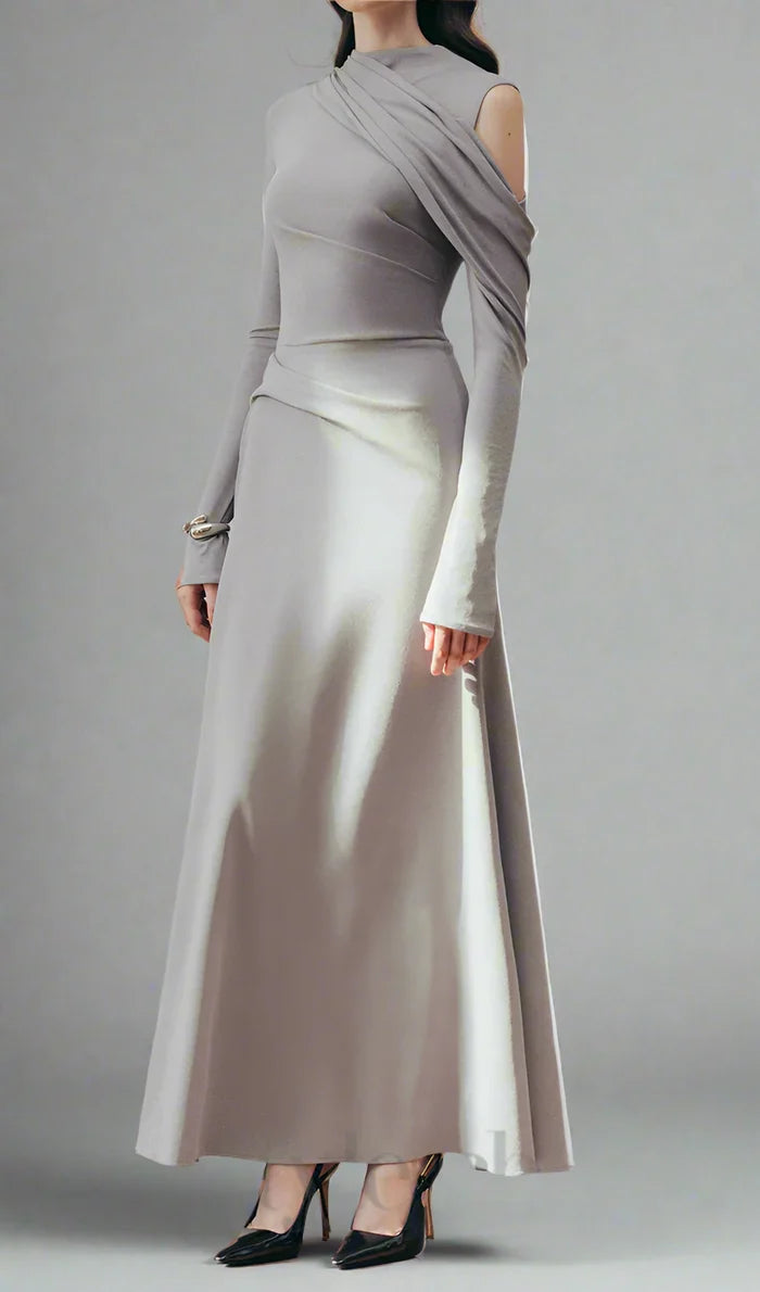 one-sleeve draped satin dress with cut-out shoulder - Magena