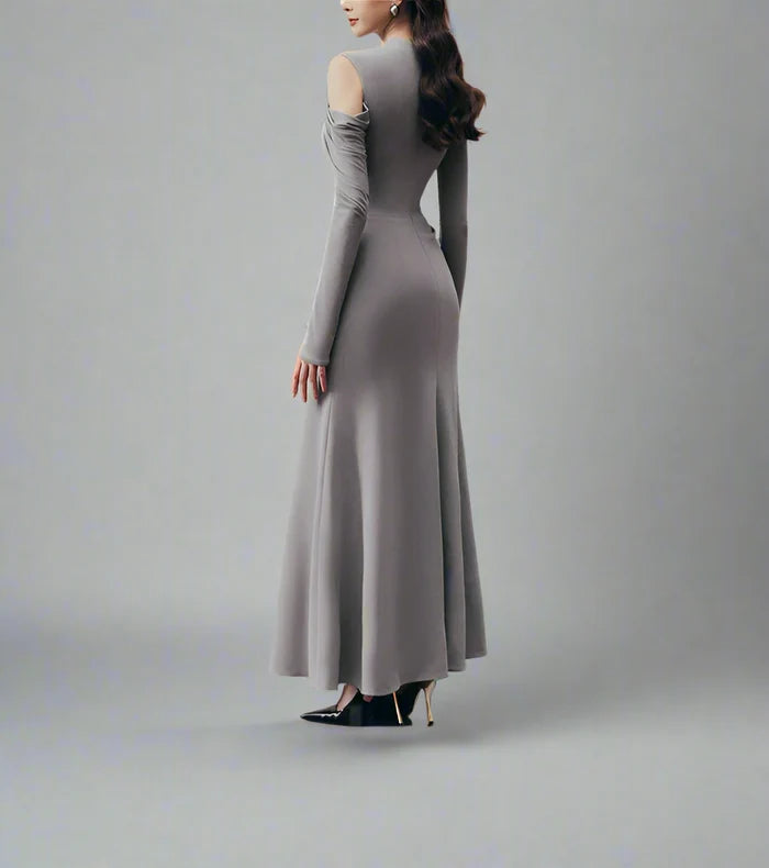 one-sleeve draped satin dress with cut-out shoulder - Magena