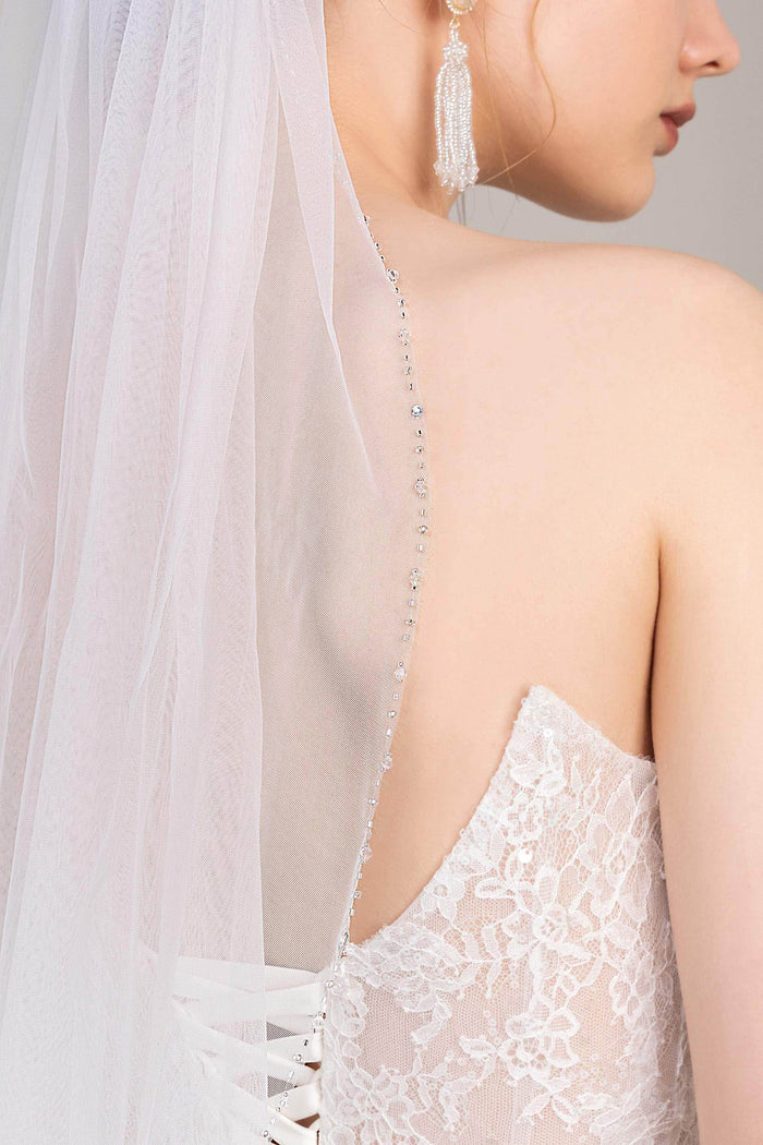 One-tier Beaded Edge Tulle Hip Veils with Beading CV0248 - COCOMELODY