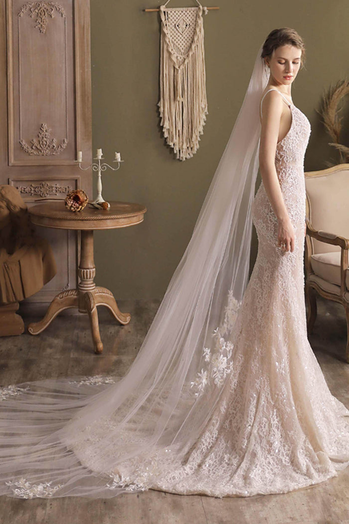 One-tier Cut Edge Tulle Cathedral Veils with Appliques CV0297 - COCOMELODY