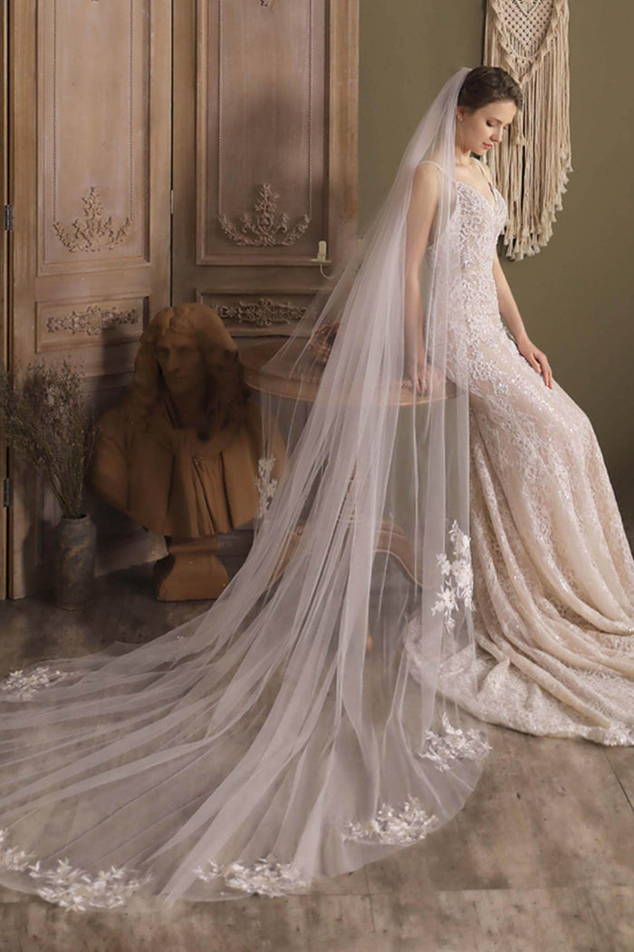 One-tier Cut Edge Tulle Cathedral Veils with Appliques CV0297 - COCOMELODY