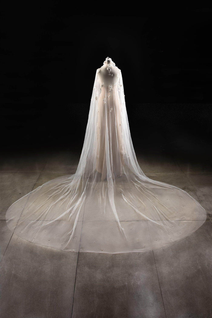 One-tier Cut Edge Tulle Cathedral Veils with Flower Beading CV0284 - COCOMELODY