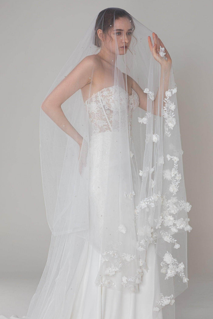 One-tier Cut Edge Tulle Cathedral Veils with Flower Beading CV0284 - COCOMELODY