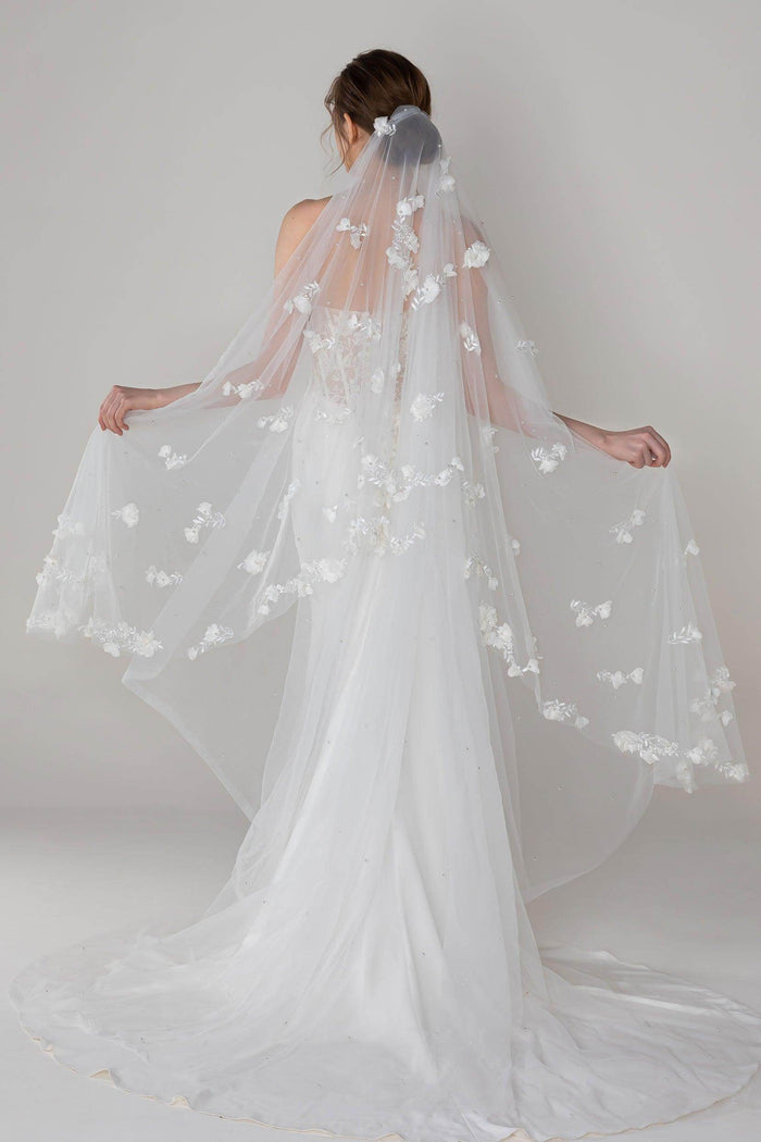 One-tier Cut Edge Tulle Cathedral Veils with Flower Beading CV0284 - COCOMELODY