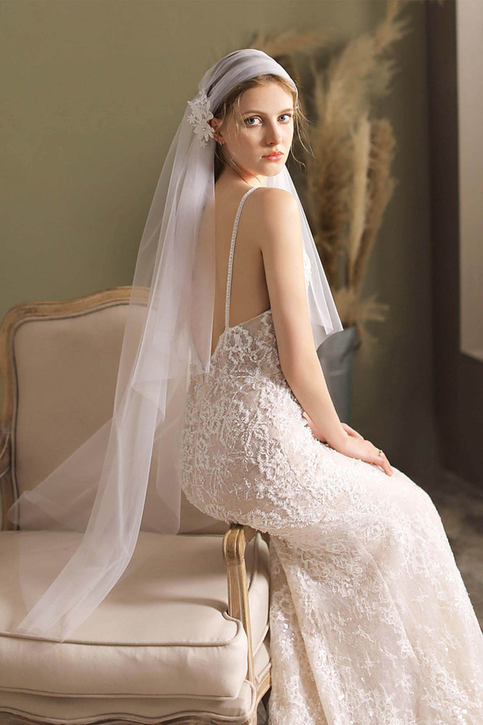 One-tier Cut Edge Tulle Hip Veils Appliques Beading CV0262 - COCOMELODY