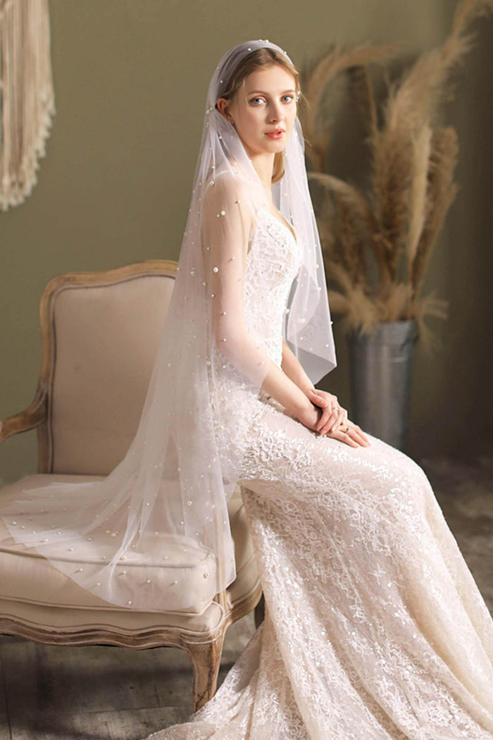 One-tier Cut Edge Tulle Tea Veils with Beading CV0294 - COCOMELODY