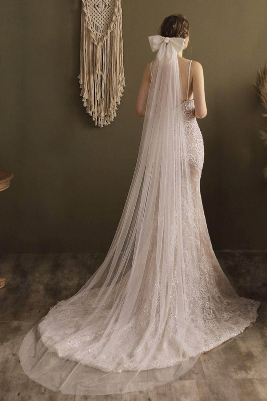 One-tier Cut Edge Voile Chapel Veils with Bow CV0265 - COCOMELODY