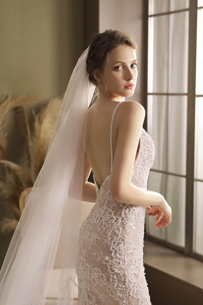 One-tier Lace Edge Tulle Cathedral Veils Appliques CV0269 - COCOMELODY