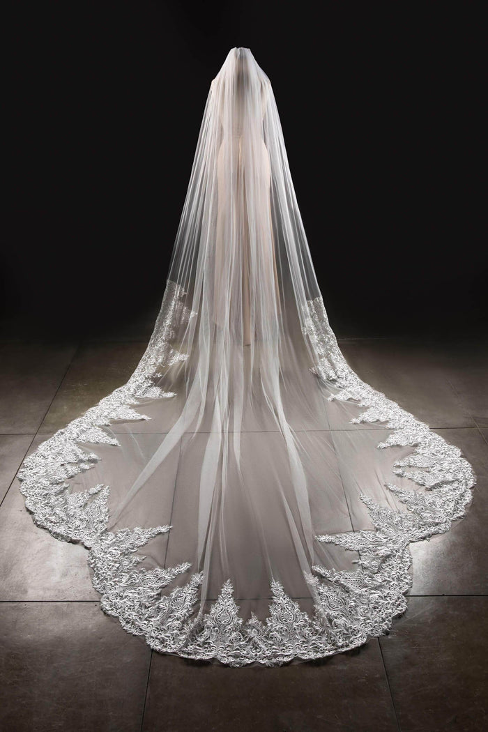 One-tier Lace Edge Tulle Lace Cathedral Veils with Appliques CV0285 - COCOMELODY
