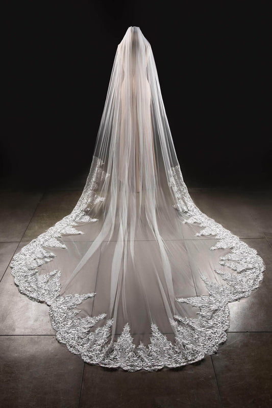One-tier Lace Edge Tulle Lace Cathedral Veils with Appliques CV0285 - COCOMELODY
