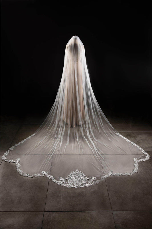 One-tier Lace Edge Tulle Lace Cathedral Veils with Appliques CV0287 - COCOMELODY