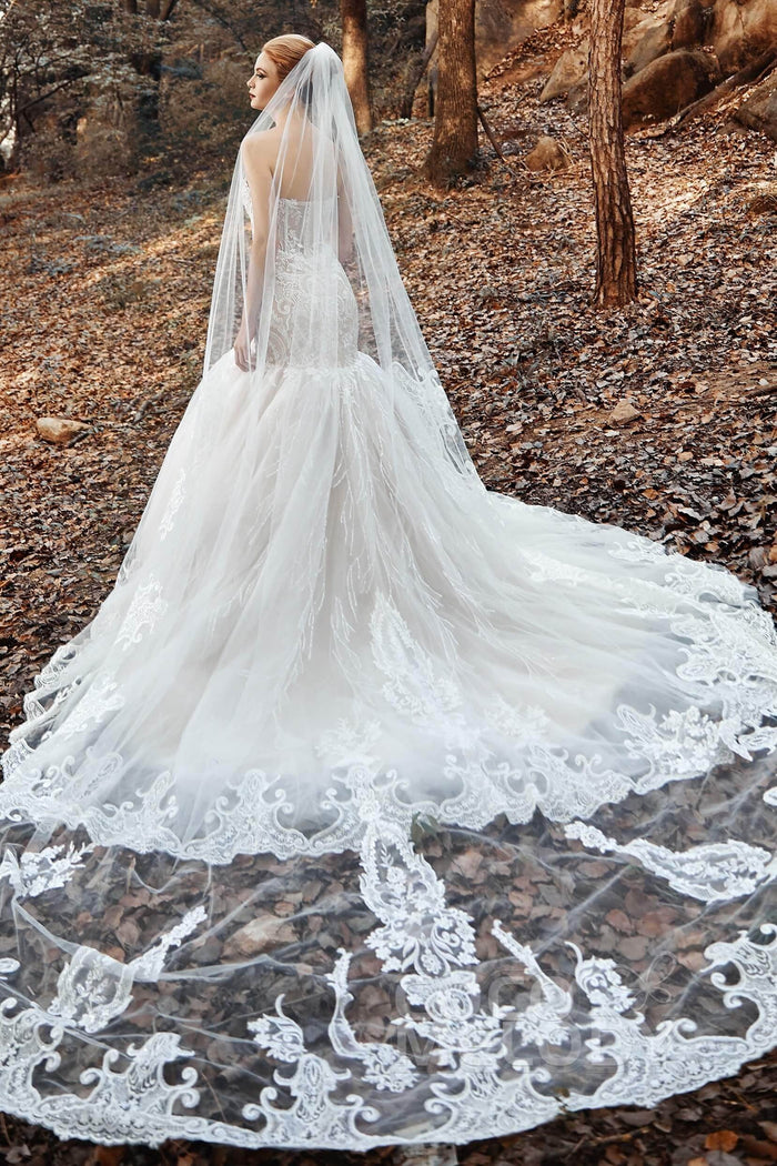 One-tier Lace Tulle Cathedral Veils Appliques Beading CV0183 - COCOMELODY