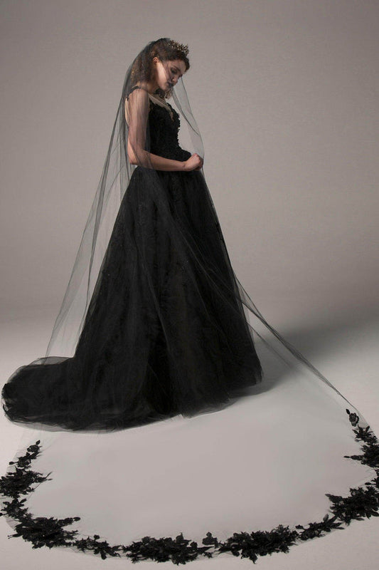 One-tier Tulle Cathedral Veils Appliques Beading CV0234 - COCOMELODY