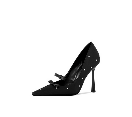 Pearl-Embellished Double Bow Satin Pumps – LILIAN