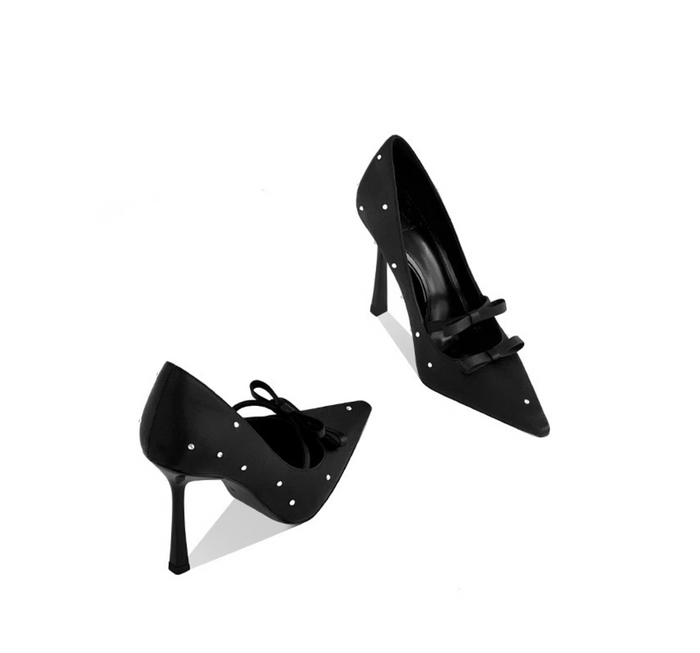 Pearl-Embellished Double Bow Satin Pumps – LILIAN