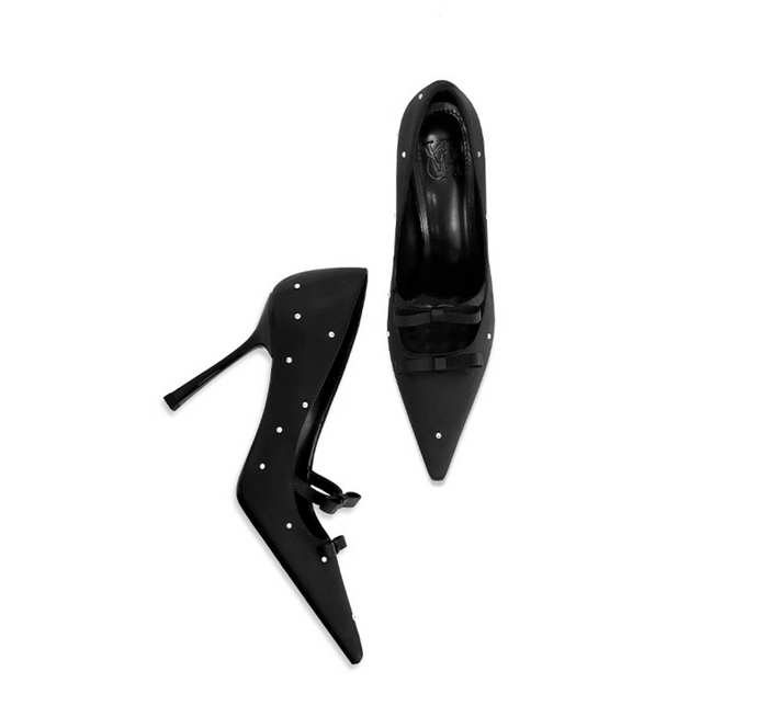 Pearl-Embellished Double Bow Satin Pumps – LILIAN
