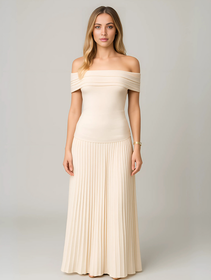 Penelope - Elegant Women's Wedding Guest Maxi Dress with Off Shoulder Neckline and Pleated Skirt