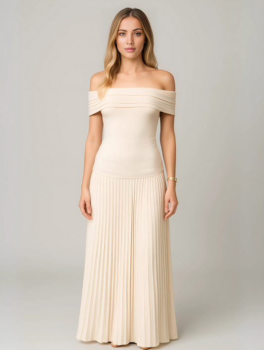 Penelope - Elegant Women's Wedding Guest Maxi Dress with Off Shoulder Neckline and Pleated Skirt