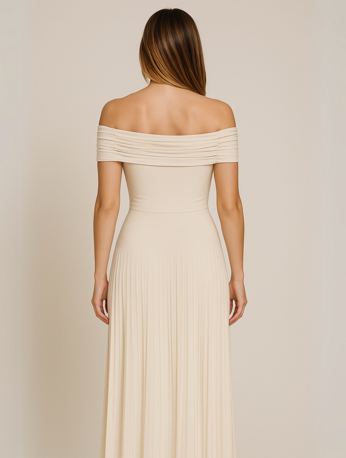 Penelope - Elegant Women's Wedding Guest Maxi Dress with Off Shoulder Neckline and Pleated Skirt