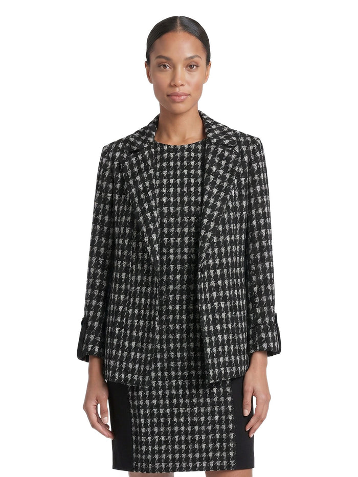 Open Front Seamed Jacket, Knit Houndstooth, Black Houndstooth Multi | Kasper