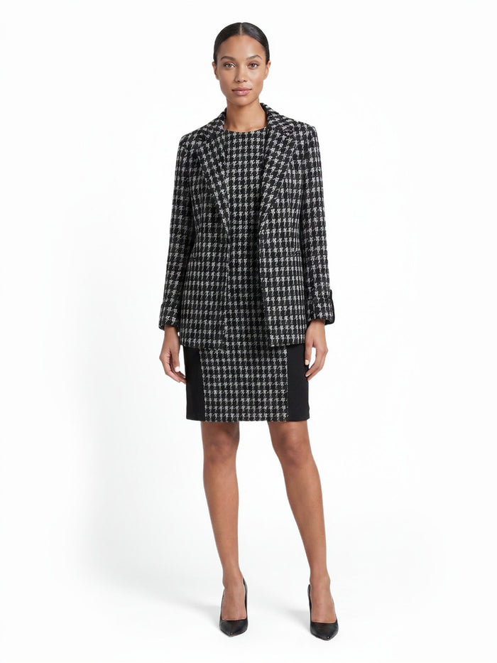 Open Front Seamed Jacket, Knit Houndstooth, Black Houndstooth Multi | Kasper