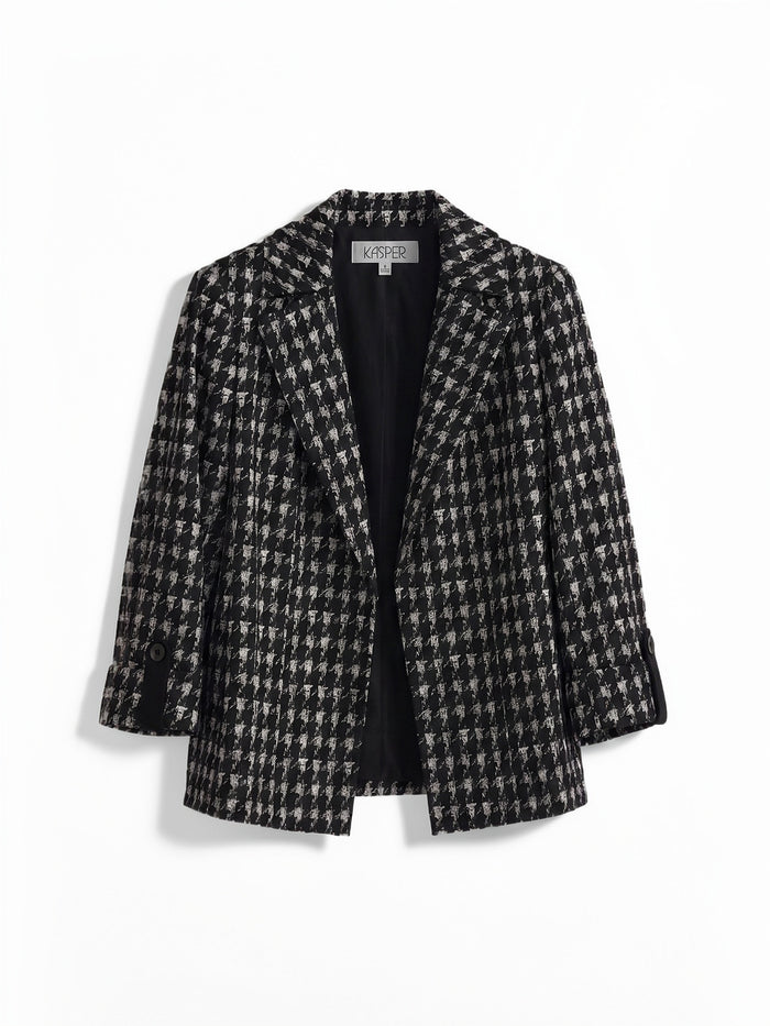 Open Front Seamed Jacket, Knit Houndstooth, Black Houndstooth Multi | Kasper